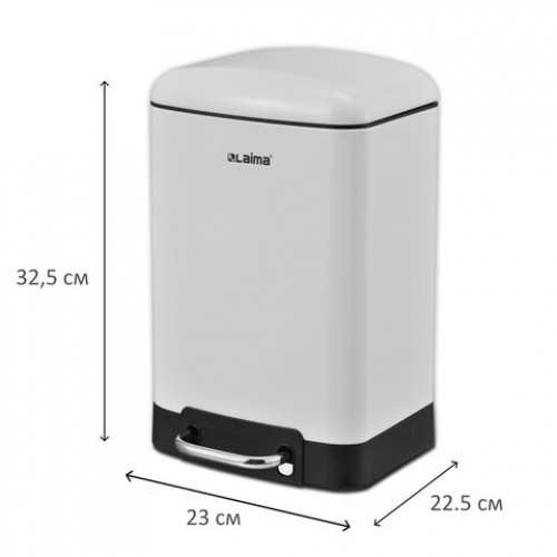 Ведро мусорное с педалью 6л, крышка с доводчиком, белое матовое, металл, LAIMA ULTRA, 701569