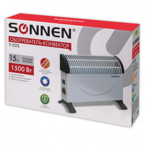 Обогреватель-конвектор SONNEN Y-02S, 1500 Вт, 3 режима работы, белый/черный, 453494