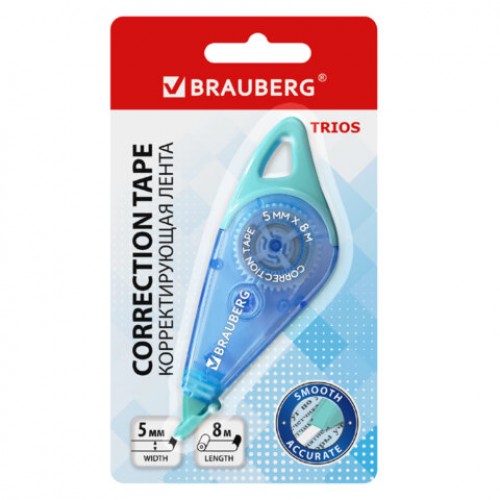 Корректирующая лента BRAUBERG TRIOS, 5 мм х 8 м, корпус мятно-голубой с подвесом, блистер, 273023