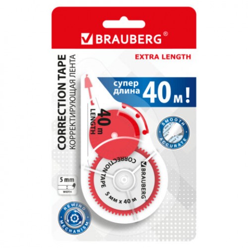 Корректирующая лента BRAUBERG EXTRA LENGTH, 5 мм х 40м, механизм перемотки, корпус прозрачный, блистер, 272502