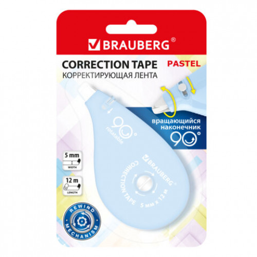 Корректирующая лента BRAUBERG PASTEL 5мм х 12 м, вращающийся наконечник 90°, механизм перемотки, корпус голубой, блистер, 272488