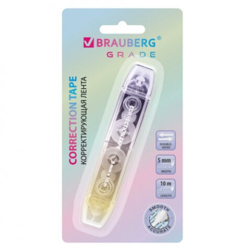 Корректирующая лента двусторонняя BRAUBERG GRADE PASTEL, 5 мм x 10 м, корпус ассорти, блистер, 273025