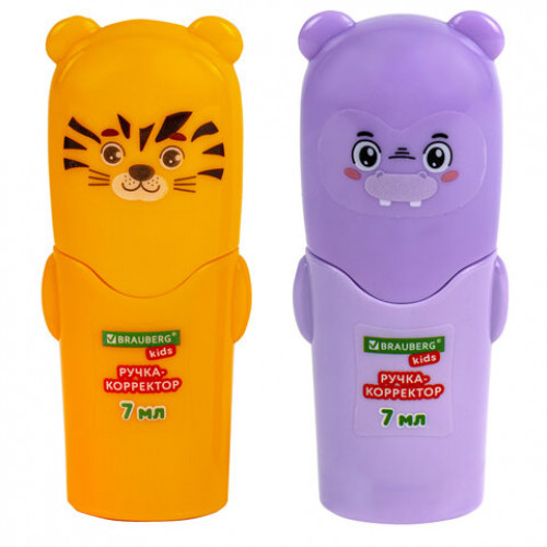 Ручка-корректор 7 мл, ВЫГОДНАЯ УПАКОВКА, КОМПЛЕКТ 2 штуки, BRAUBERG KIDS ЗВЕРЯТА, металлический наконечник, 274230