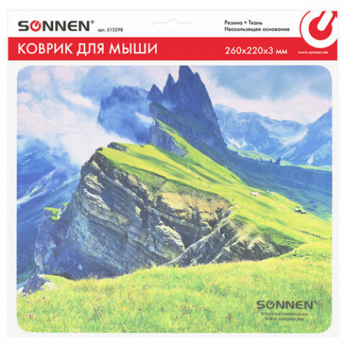 Коврик для мыши SONNEN MOUNTAINS, резина + ткань, 260х220х3 мм, 513298