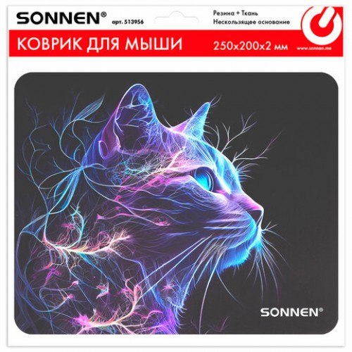 Коврик для мыши SONNEN NEON CAT резина+ткань, 250х200х2мм, 513956