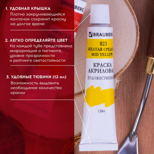 Краски акриловые художественные BRAUBERG ART DEBUT, НАБОР 12 цветов по 12 мл, в тубах, 191125