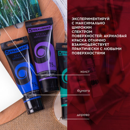 Краски акриловые художественные BRAUBERG ART DEBUT, НАБОР 24 шт. по 75 мл, 8 цветов, в тубах, 191128