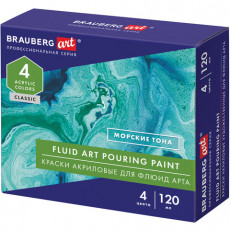 Краски акриловые для техники Флюид Арт (POURING PAINT), 4 цвета по 120 мл, Морские тона, BRAUBERG ART, 192240