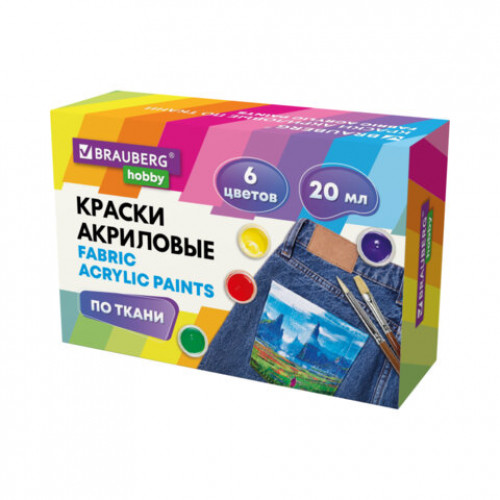 Краски акриловые по ткани 6 цветов по 20 мл BRAUBERG HOBBY, 192441
