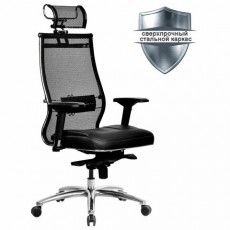 Кресло офисное МЕТТА SAMURAI SL-3.05, с подголовником, сверхпрочная ткань-сетка/экокожа, черное