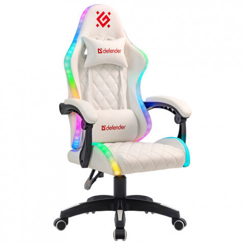 Кресло компьютерное DEFENDER Energy, 2 подушки, RGB-подсветка, экокожа, белое, 64557