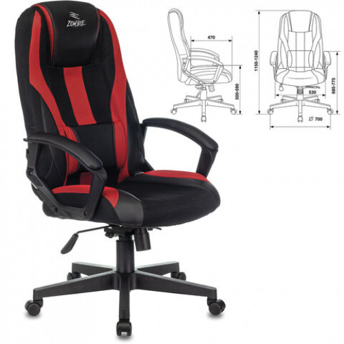 Кресло компьютерное ZOMBIE-9/BL+RED, подушка, экокожа/ткань, черное/красное, 1583707