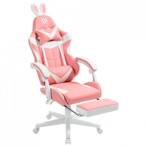 Кресло компьютерное DEFENDER Irifi, 2 подушки, подставка для ног, экокожа, розовое/белое, 64042
