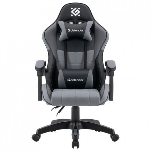 Кресло компьютерное DEFENDER Strider, 2 подушки, ткань/экокожа, черное/серое, 64056