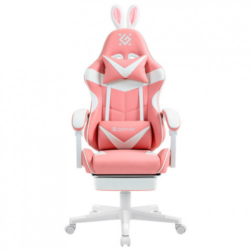 Кресло компьютерное DEFENDER Irifi, 2 подушки, подставка для ног, экокожа, розовое/белое, 64042