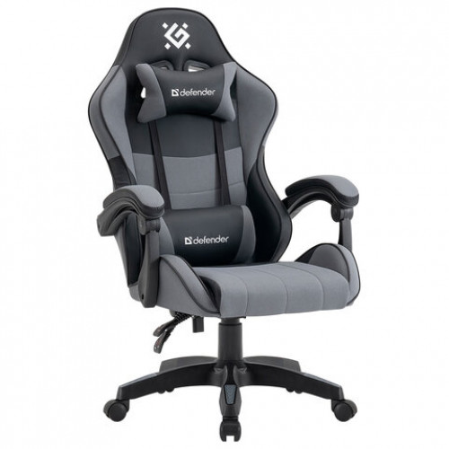 Кресло компьютерное DEFENDER Strider, 2 подушки, ткань/экокожа, черное/серое, 64056