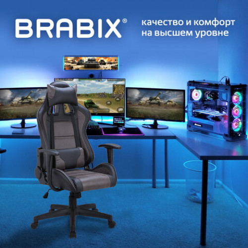 Кресло компьютерное BRABIX GT Racer GM-100, две подушки, ткань, экокожа, черное/коричневое, 531819