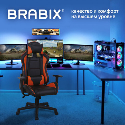 Кресло компьютерное BRABIX GT Racer GM-100, две подушки, экокожа, черное/оранжевое, 531925