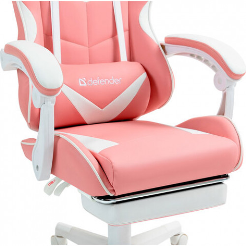 Кресло компьютерное DEFENDER Irifi, 2 подушки, подставка для ног, экокожа, розовое/белое, 64042