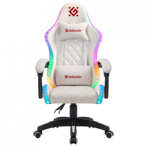 Кресло компьютерное DEFENDER Energy, 2 подушки, RGB-подсветка, экокожа, белое, 64557