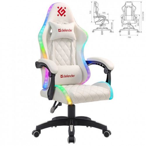 Кресло компьютерное DEFENDER Energy, 2 подушки, RGB-подсветка, экокожа, белое, 64557