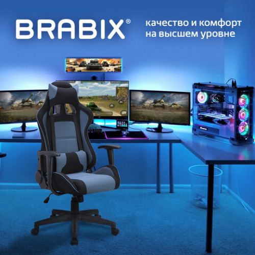 Кресло компьютерное BRABIX GT Racer GM-100, две подушки, ткань, черное/голубое, 531818