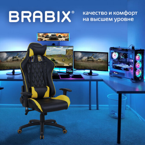 Кресло компьютерное BRABIX GT Master GM-110, две подушки, экокожа, черное/желтое, 531927