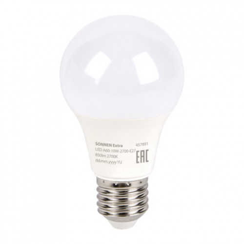 Лампа светодиодная SONNEN EXTRA, 10 (85) Вт, Е27, груша, теплый белый, 30000 ч, LED A60-10W-2700-Е27, 457891