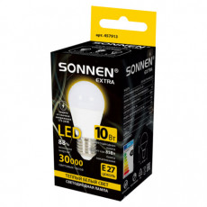 Лампа светодиодная SONNEN EXTRA, 10 (85) Вт, E27, шар, теплый белый, 30000 ч, LED G45-10W-2700-Е27, 457913