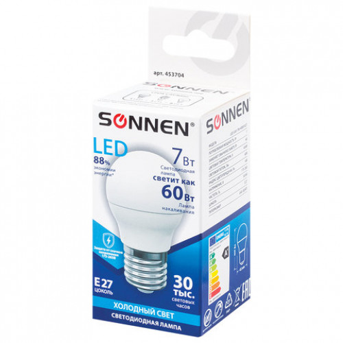 Лампа светодиодная SONNEN, 7 (60) Вт, цоколь E27, шар, холодный белый свет, 30000 ч, LED G45-7W-4000-E27, 453704