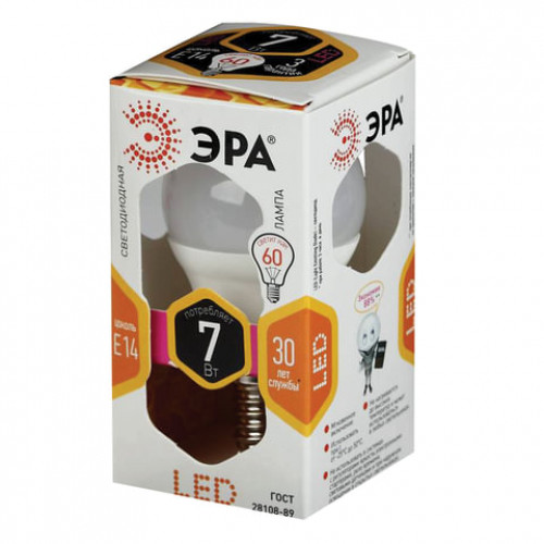 Лампа светодиодная ЭРА, 7 (60) Вт, цоколь E14, шар, теплый белый свет, 30000 ч., LED, smdP45-7w-827-E14