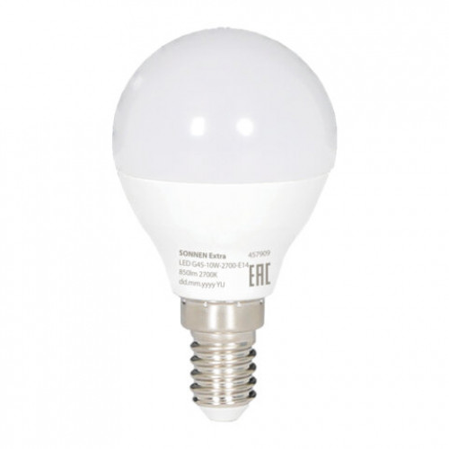Лампа светодиодная SONNEN EXTRA, 10 (85) Вт, E14, шар, теплый белый, 30000 ч, LED G45-10W-2700-Е14, 457909