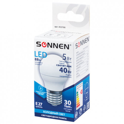 Лампа светодиодная SONNEN, 5 (40) Вт, цоколь E27, шар, холодный белый свет, 30000 ч, LED G45-5W-4000-E27, 453700