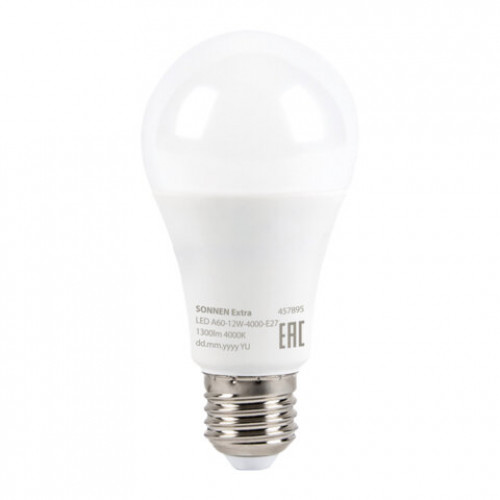Лампа светодиодная SONNEN EXTRA, 12 (100) Вт, Е27, груша, нейтральный белый, 30000 ч, LED A60-12W-4000-Е27, 457895