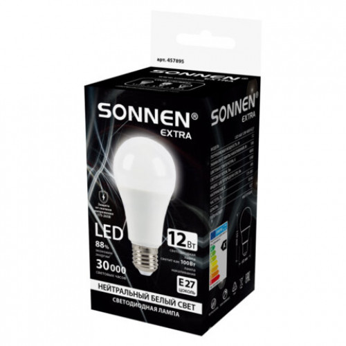Лампа светодиодная SONNEN EXTRA, 12 (100) Вт, Е27, груша, нейтральный белый, 30000 ч, LED A60-12W-4000-Е27, 457895