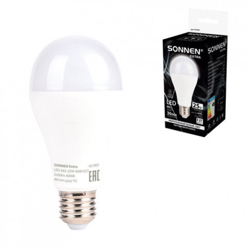 Лампа светодиодная SONNEN EXTRA, 25 (200) Вт, Е27, груша, нейтральный белый, 30000 ч, LED A65-25W-4000-Е27, 457901