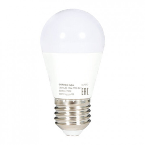 Лампа светодиодная SONNEN EXTRA, 10 (85) Вт, E27, шар, теплый белый, 30000 ч, LED G45-10W-2700-Е27, 457913
