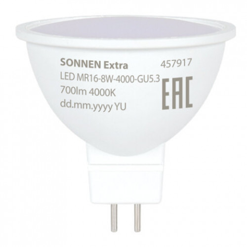 Лампа светодиодная SONNEN EXTRA, 8 (70) Вт, GU5.3, нейтральный белый, 30000 ч, LED MR16-8W-4000-GU5.3, 457917