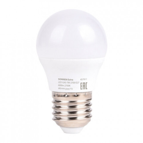 Лампа светодиодная SONNEN EXTRA, 7 (60) Вт, E27, шар, теплый белый, 30000 ч, LED G45-7W-2700-Е27, 457911