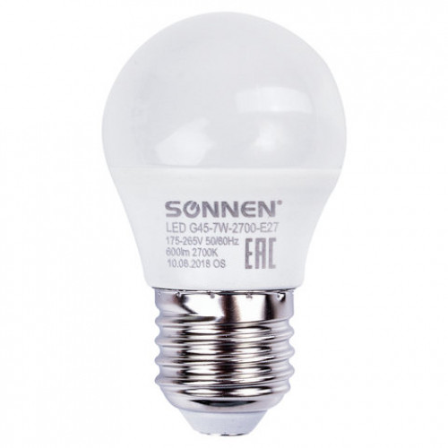 Лампа светодиодная SONNEN, 7 (60) Вт, цоколь E27, шар, теплый белый свет, 30000 ч, LED G45-7W-2700-E27, 453703