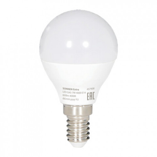 Лампа светодиодная SONNEN EXTRA, 7 (60) Вт, E14, шар, нейтральный белый, 30000 ч, LED G45-7W-4000-Е14, 457908