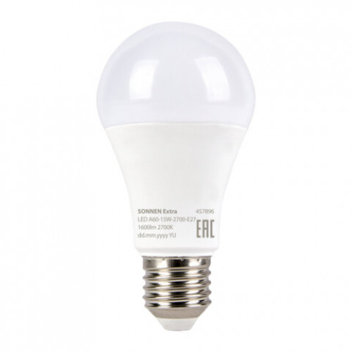 Лампа светодиодная SONNEN EXTRA, 15 (130) Вт, Е27, груша, теплый белый, 30000 ч, LED A60-15W-2700-Е27, 457896