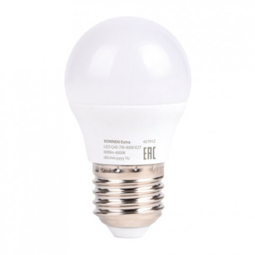 Лампа светодиодная SONNEN EXTRA, 7 (60) Вт, E27, шар, нейтральный белый, 30000 ч, LED G45-7W-4000-Е27, 457912