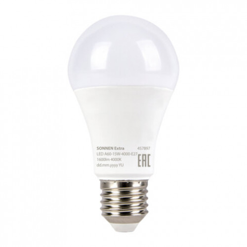 Лампа светодиодная SONNEN EXTRA, 15 (130) Вт, Е27, груша, нейтральный белый, 30000 ч, LED A60-15W-4000-Е27, 457897