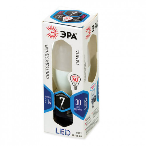 Лампа светодиодная ЭРА, 7 (60) Вт, цоколь E14, свеча, холодный белый свет, 30000 ч., LED smdB35-7w-840-E14