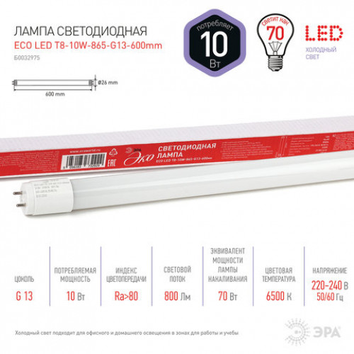 Лампа-трубка светодиодная ЭРА Эко, 10 Вт, 25000 ч, 600 мм, холодный белый, ECO LED T8-10W-865-G13-600mm