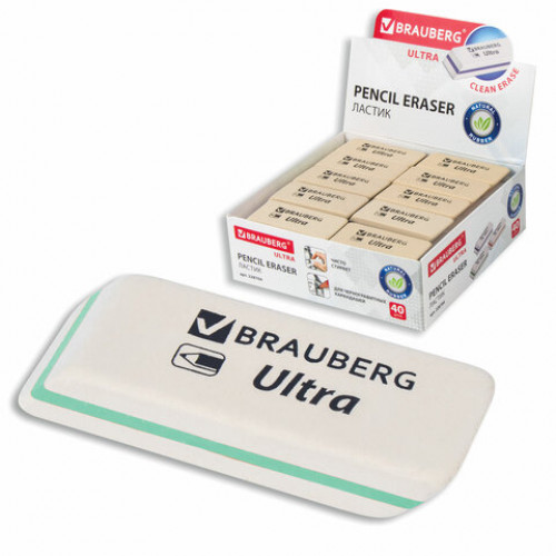 Ластик BRAUBERG Ultra, 50х14х8 мм, белый, детали ассорти, натуральный каучук, 228704