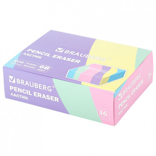 Ластик BRAUBERG PASTEL, 34х34х14 мм, квадратный, эко-пвх, цвет ластика ассорти, 273210