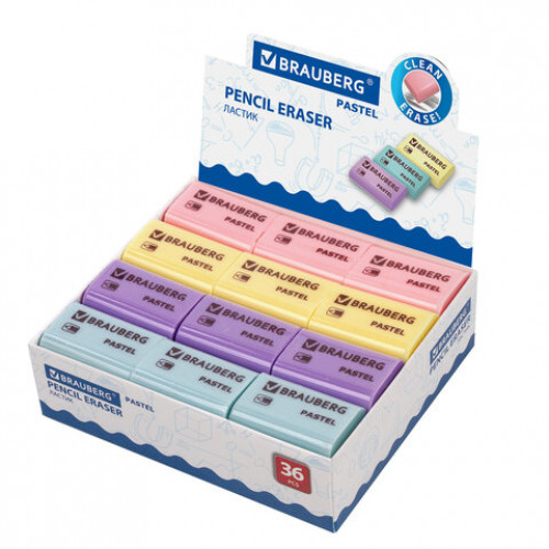 Ластик BRAUBERG Pastel, 37х24х11мм, ассорти пастельных цветов, экологичный ПВХ, 229582