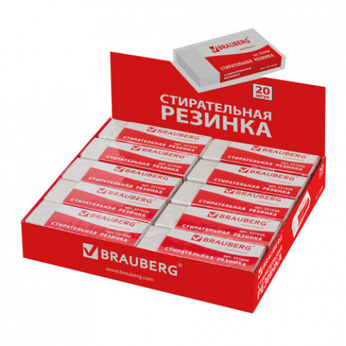 Ластик большой BRAUBERG Office 20, 60х20х11 мм, белый, прямоугольный, картонный держатель, 221038